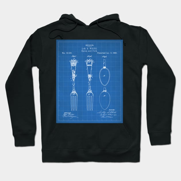 Kitchen Fork Spoon Patent - Chef Cook Farmhouse Decor Art - Blueprint Hoodie by patentpress